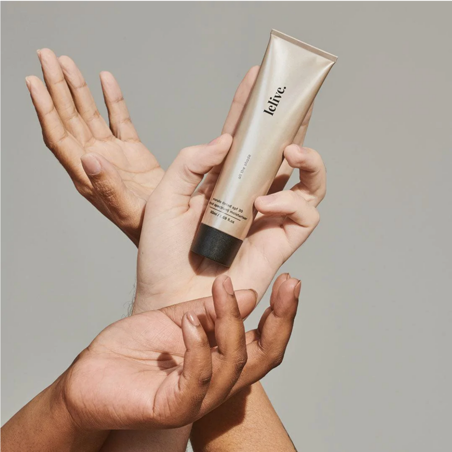 lelive | all the shade | marula tinted spf 30 (broad spectrum) moisturiser | 50ml.